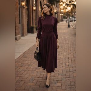 Kathryn Conover Petite Burgundy High Neck Puff Sleeve Midi Dress USA